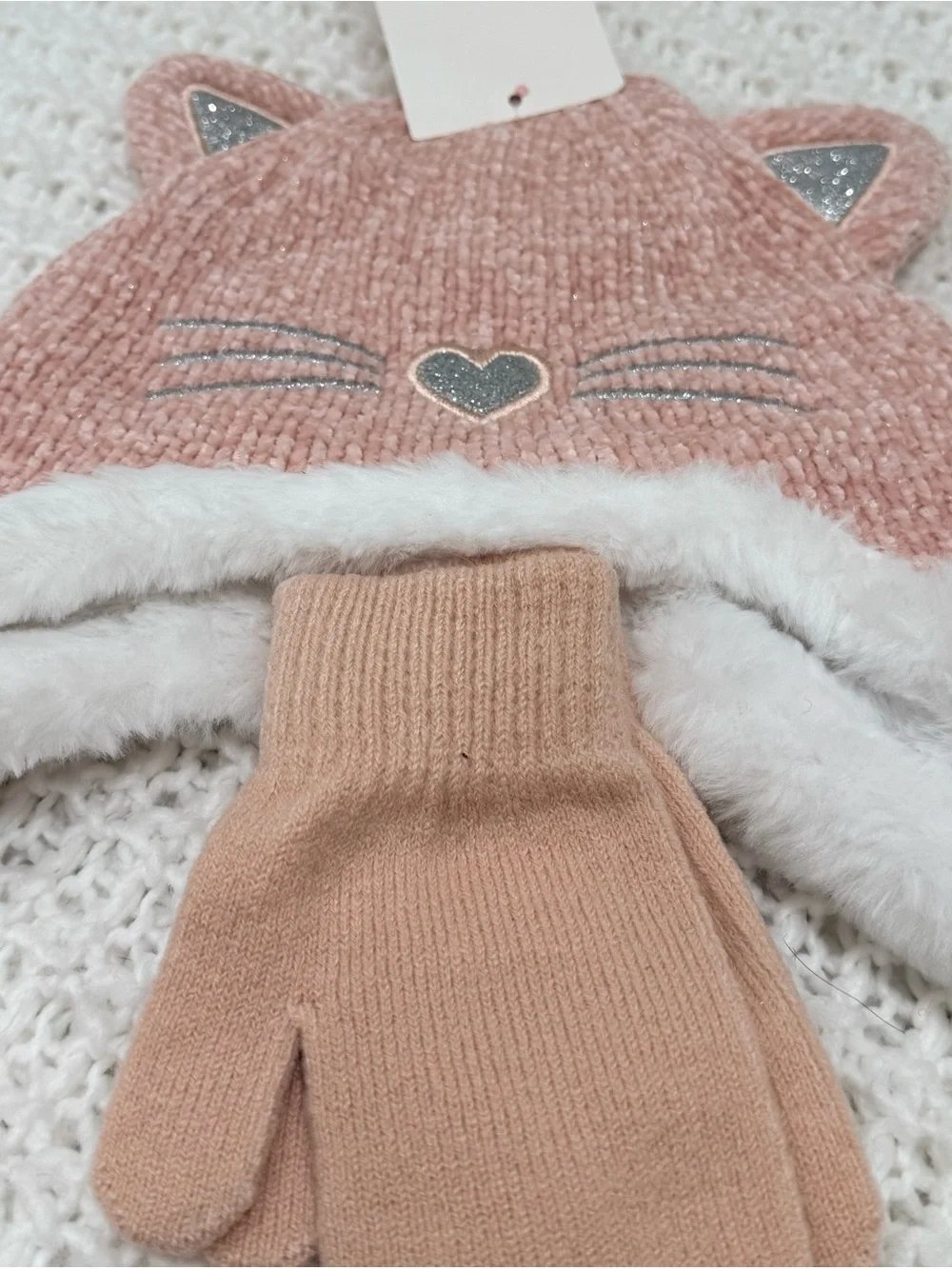 Capelli New York Kids' Beanie With Faux Fur  & Mittens Set in blush size 2-4T